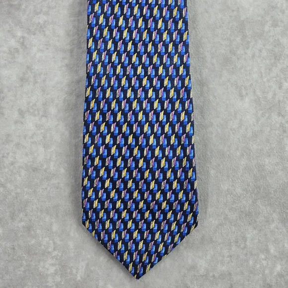 Barneys New York Blue Yellow Geometric Repp 100% Silk Italy Men's Neck Tie NWOT - Picture 1 of 6